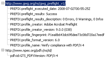 Náhled na metadata XMP, která jsou součástí Universal Proof of Preflight sestaveného v Adobe Acrobatu 9 Pro Extended funkcí Preflight Audit Trail