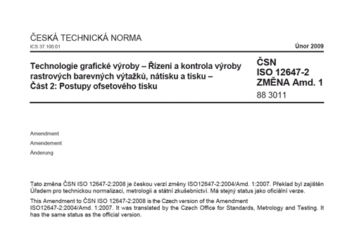Titulní strana ČSN ISO 12647-2 ZMĚNA Amd. 1